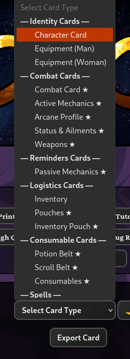 Card Type drop-down menu